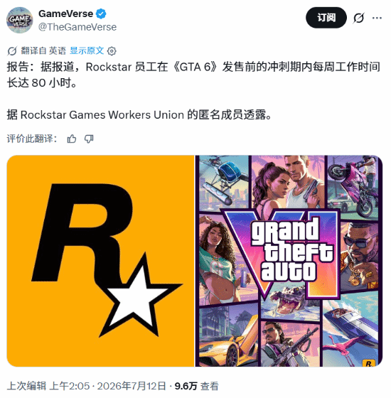 GTA6发售前R星一周工时超八十小时！